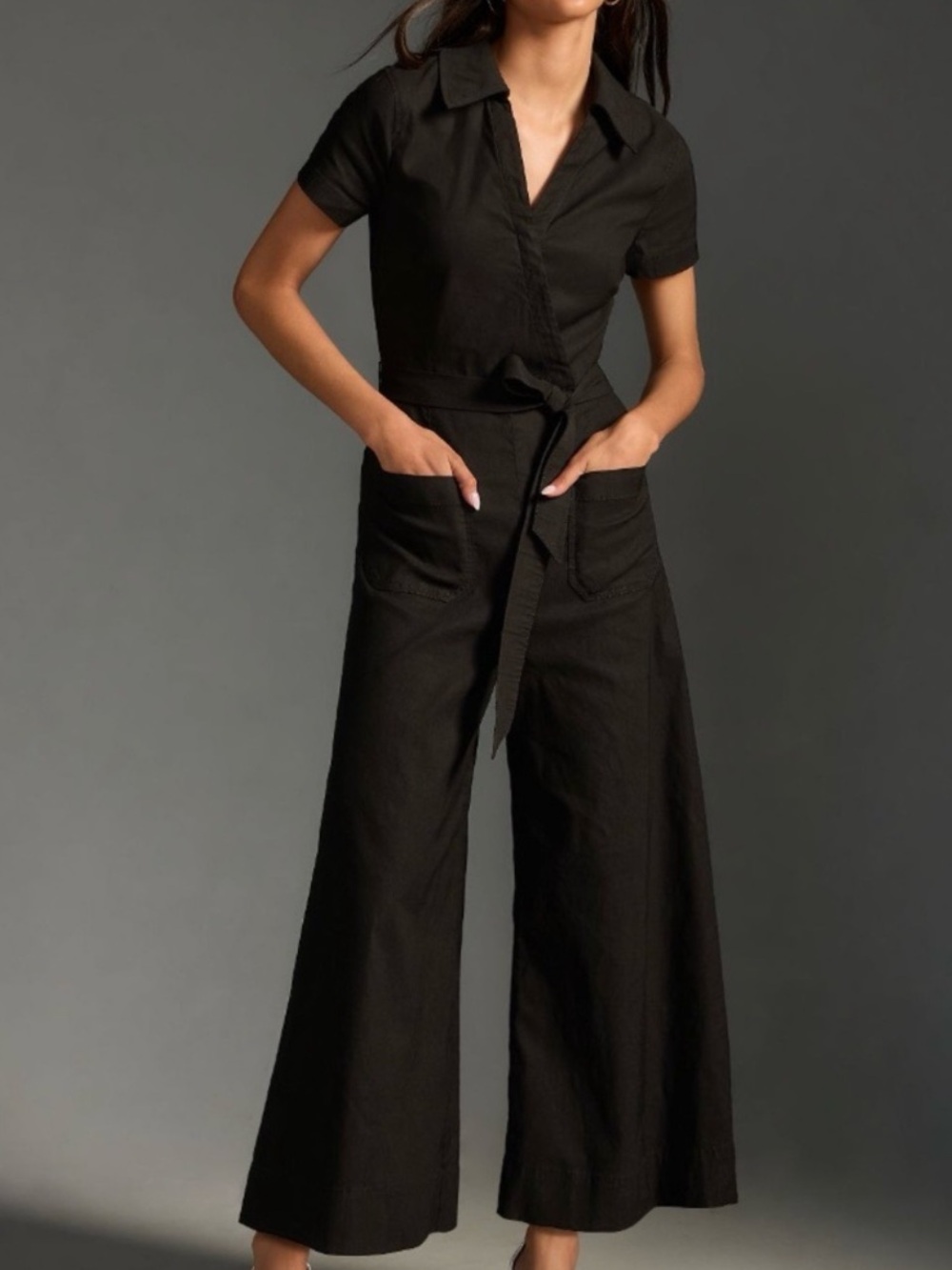 Maeve Anthropologie Colette Wrap Jumpsuit Wide Leg Black